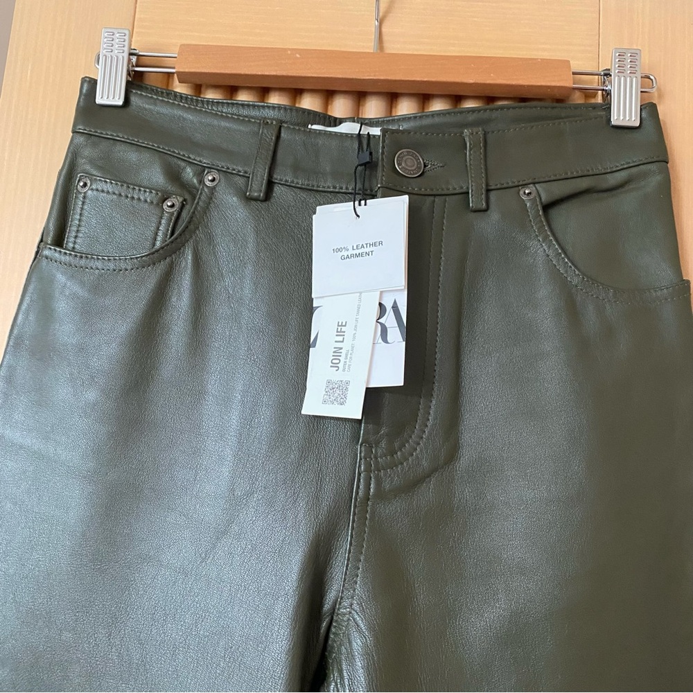 Zara limited edition leather straight leg pants olive green - Picture 9 of 16